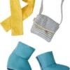 HABA 306579 Kleiderset Accessoires, 3-tlg. Puppen-Stiefel, Schal, Umhängetasche, 30 Cm