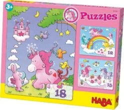 HABA 300299 3er Puzzle-Set - Einhorn Glitzerglück - 12/15/18 Teile